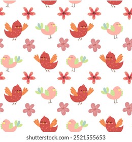 Seamless pattern with cute birds and leaves. Animal background, nature. Vector flat design, kids illustration. Cartoon character style