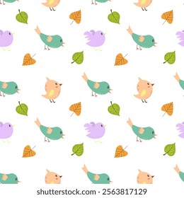 Seamless pattern with cute birds and leaves. Animal background, nature. Vector flat design, kids illustration. Cartoon character style