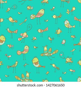 Seamless pattern with cute birds on blue  background. Vector image.