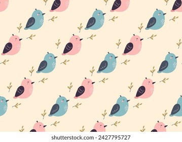 Patrón sin fisuras con pájaros lindos en color pastel. Colección de resortes de dibujos animados.