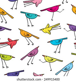 Seamless pattern with cute birds on white background. Cartoon colorful funny little birds.