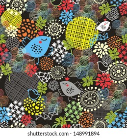 Seamless pattern with cute birds and pretty flowers. Vector background. 