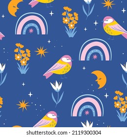 Seamless pattern with cute birds, rainbows and flowers. Vector graphics.