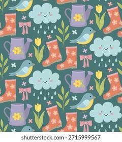 Padrão sem emenda com pássaros fofos, nuvens chuvosas, flores de primavera, folhas, latas de água, botas de borracha e arcos decorativos. Fundo sazonal colorido