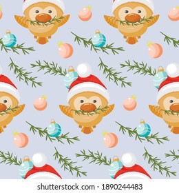 Seamless pattern with cute birds in a red hat. Stock vector.