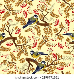 seamless pattern cute birds in rowan branches, autumn berries and leaves