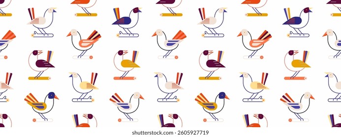 Seamless pattern with cute birds sitting on branches. Hand drawn autumn background with leaves, branches. Retro pattern with geometric birds, vector illustration