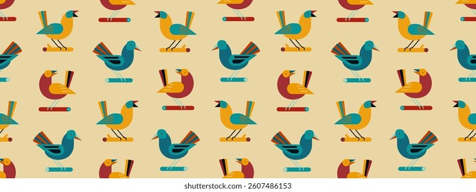 Seamless pattern with cute birds sitting on branches. Hand drawn autumn background with leaves, branches. Retro pattern with geometric birds, vector illustration