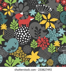 Seamless pattern with cute birds and small fox. Vector illustration.