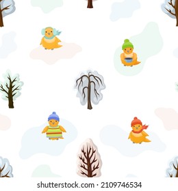Seamless pattern with cute birds and trees. Texture for fabric, wrapping paper. Cold season background.
