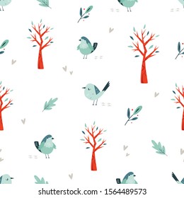 Seamless pattern with cute birds, Vector illustration. Woodland concept.For textures, prints, gift boxes, wrapping paper