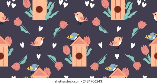 Seamless pattern with cute birdshouse, tulips and small birds. Vector square illustration.