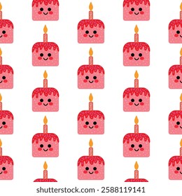 Seamless Pattern of Cute Birthday Cake Icons with Smiling Faces. Adorable repeated pattern of smiling birthday cake characters with candles, creating a festive and cheerful design. Perfect 