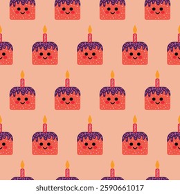 Seamless Pattern of Cute Birthday Cake with Candle on Pink Background. Adorable seamless pattern featuring smiling birthday cakes with candles, perfect for celebrations, stationery designs, or party 
