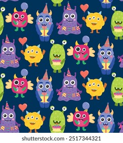 Seamless pattern with cute birthday monsters. Backdrop with different party characters	
