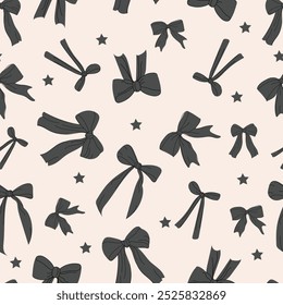 Seamless pattern with cute black bows. Trendy hair braiding accessory. Hand drawn halloween vector illustration.	