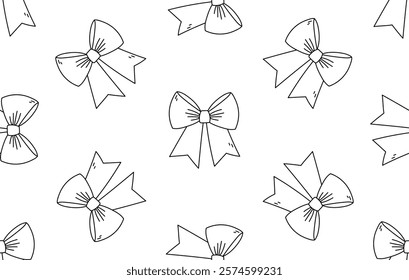 Seamless pattern with cute black bows. Doodle coquette ribbons. Vector simple bows