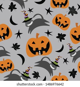Seamless pattern cute black cat wear witch hat  having fun on halloween night.Cute jack o' lantern pumpkin,black half moon,star and leaf.