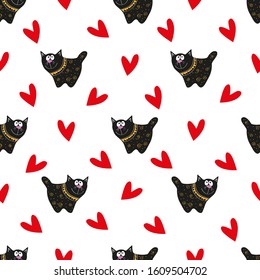 Seamless pattern with cute black cat and hearts. Theme of love, wedding, Valentine's Day. Hand-drawn ornament, pattern. For cards, greetings, invitations, posters, banners, web, gift wrapping paper.