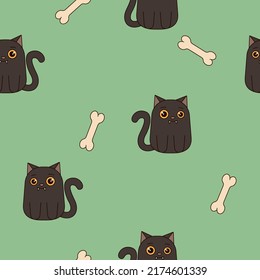 Seamless pattern with cute black cat and bones. For your Halloween design. Symbols of a happy Halloween holiday. Vector illustration