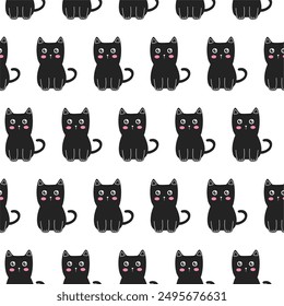 Seamless pattern with cute black cat repetition. Cat background