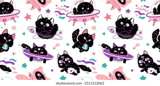 Seamless pattern with cute black cat astronaut flying on UFO spaceship in space. Cartoon funny kitten cosmonaut with star or eyes on forehead. Vector fantasy cosmic feline pet