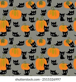 Seamless pattern  with cute black cat and pumokin. Halloween backdrop.