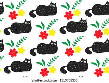 Seamless pattern with cute black cats anr colorful flowers. Vector seamless illustration. Simple graphic design.