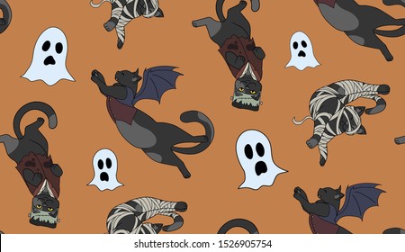 Seamless pattern with cute black cats in halloween costumes.