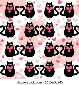 Seamless pattern with cute black cats and hearts