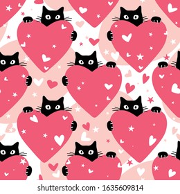 Seamless pattern with cute black cats and hearts