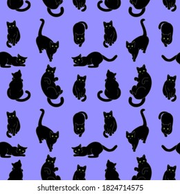 Seamless pattern with cute black cats. Texture for wallpapers, stationery, fabric, wrap, web page backgrounds, vector illustration