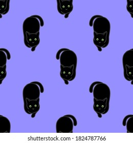 Seamless pattern with cute black cats. Texture for wallpapers, stationery, fabric, wrap, web page backgrounds, vector illustration