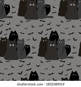 Seamless pattern with cute black cats. Flat background. Bats and cats. Vector illustration , sign element. Happy Halloween Day.