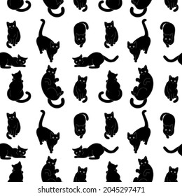 Seamless pattern with cute black cats. Texture for wallpapers, stationery, fabric, wrap, web page backgrounds, vector illustration