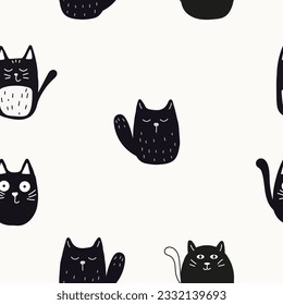 Seamless pattern with cute black cats on white background. Vector illustration