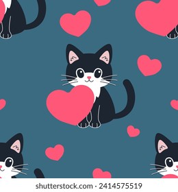 Seamless pattern with cute black cats and hearts. Vector Illustration