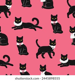 Seamless pattern of cute black cats in white collars. Vector graphics