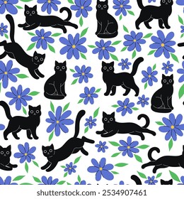 Seamless pattern with cute black cats and blue flowers. Vector graphics.