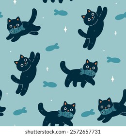 Seamless pattern with cute black cats and fish. Vector graphics.