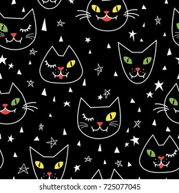 Seamless pattern with cute black cats. Funny halloween background