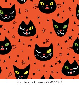 Seamless pattern with cute black cats. Funny halloween background