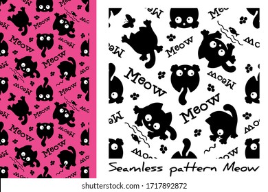 Seamless pattern with cute black kittens and "meow". Black on white in a simple style. For design, postcards, covers, prints, clothing, textiles, Wallpaper. Vector image isolated on a white background