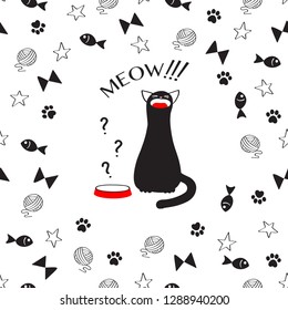 Seamless pattern with cute black Meow cat. 
