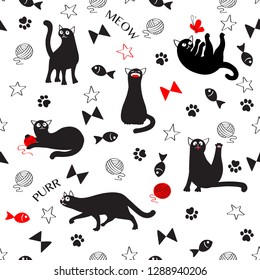 Seamless pattern with cute black Meow cats. 