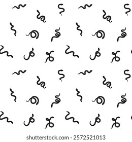 Seamless pattern with cute black minimal snakes on white background. You get 2 patterns: on white and on transparent background. 9 different simple hand drawn snakes (2+0+2+5). Happy Year of the Snake