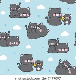 Seamless pattern of cute black mom cat and baby cat sky and cloud background.Kitten.Meow.Mother day.Love.Pet animal character cartoon design.Kawaii.Vector.Illustration.