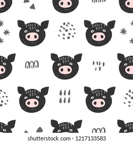 Seamless pattern with cute black pigs and hand-drawn elements on a white background. Childish illustration in vector.