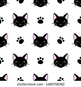 Seamless pattern with cute black and white cat heads. Texture for wallpapers, stationery, fabric, wrap, web page backgrounds, vector illustration