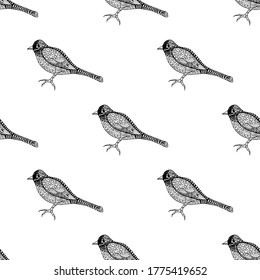 Seamless pattern with cute black-and-white bird on white background for coloring book, fabric, textile, clothes, tablecloth and other things. Vector image. 
